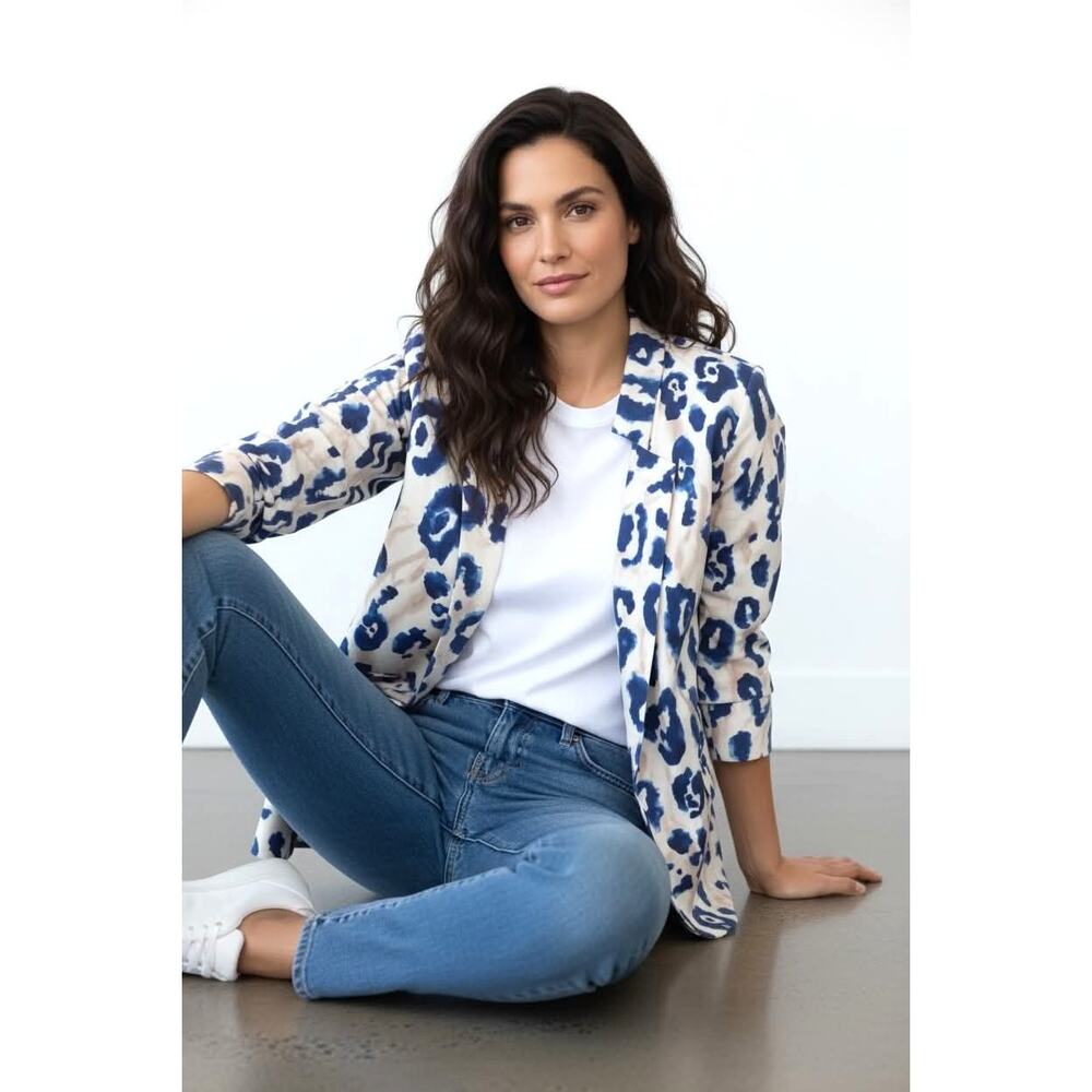 Chico's Easy Wear Jacket Sz 2 Blue Animal Print Open Front Nylon Career Stretch